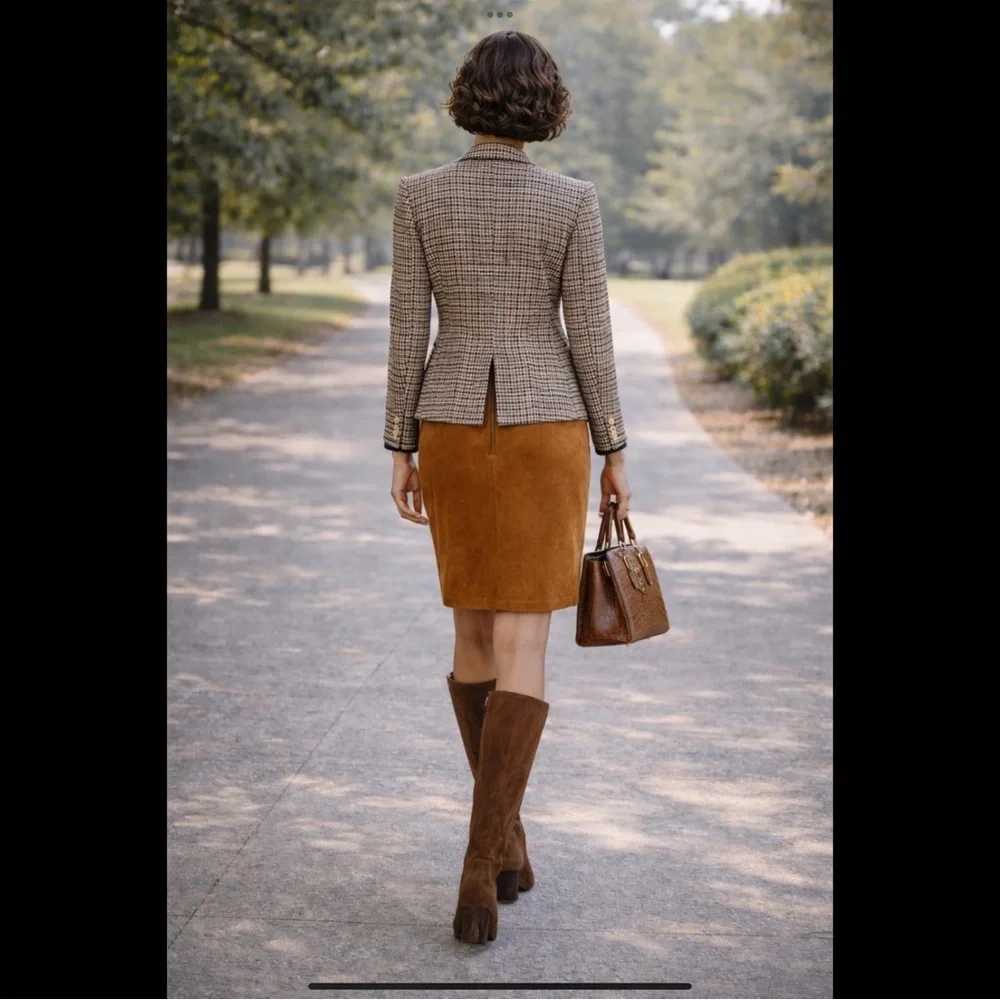 True vintage suede—real leather with clean tailoring an earlier designer era.